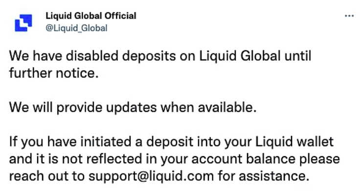 加密交易平台Liquid Global (Quoine Pte. Ltd ) 官方宣布已停止存款服务
