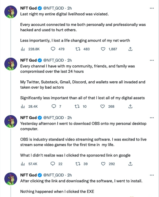 NFT GOD发推称过去一天对其而言极其艰难因黑客入侵其Twitter、Substack、Gmail、Discord和钱包