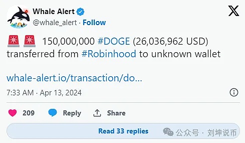 DOGE价格即将反弹？ Whale 从 Robinhood 手中转移了价值 2600 万美元的狗狗币
